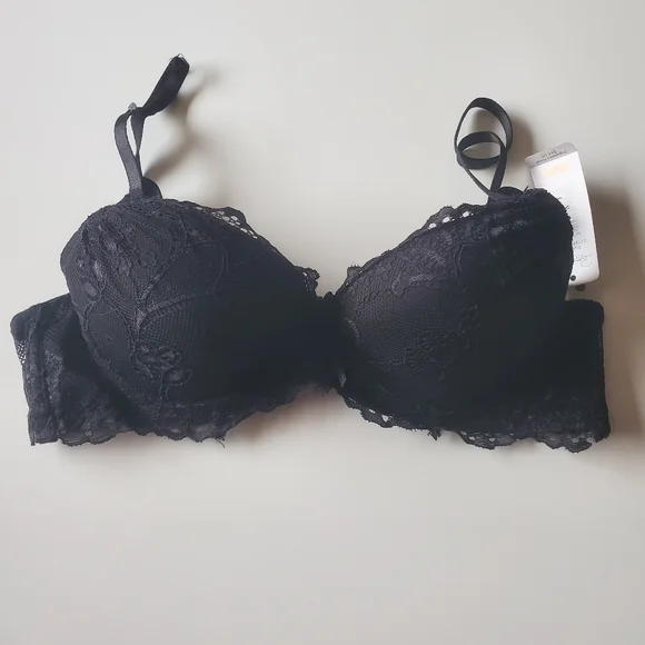 Rene Rofe Extreme Push Up Bra 34 A Womens Black Lace Overlay Underwired - Picture 1 of 7